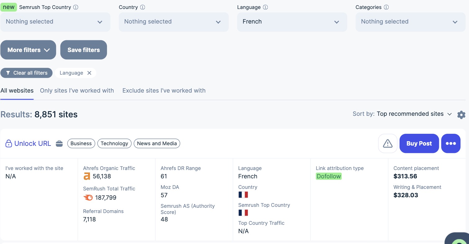 Adsy's advertiser catalogue filtered on French-language sites (8,851 verified sites). A site listing shows its Ahrefs organic traffic, Semrush total traffic, referring domains, Ahrefs DR, Moz DA and Semrush Authority Score, with a dofollow link and two prices: content provided at $313.56 and writing included at $328.03.