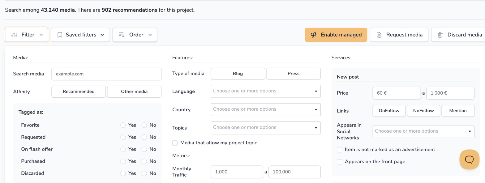 The filter panel of Growwer's buyer catalogue, above 43,240 media. It is laid out in three columns: Media (search, recommended affinity, favorite/requested/purchased tags), Features (blog or press type, language, country, topic, monthly traffic, Domain Rating, OBL ratio) and Services (new post from EUR 60 to EUR 1000, dofollow/nofollow/mention choice, social networks, front page).