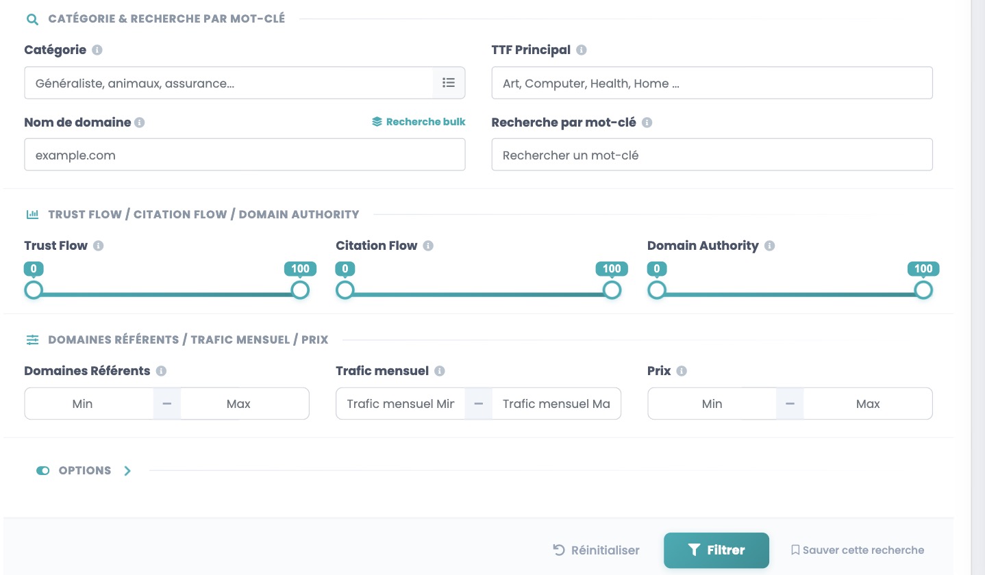 Linkavista's marketplace filter panel: category, Trust Flow topic (TTF), domain name with bulk search, keyword search, Trust Flow, Citation Flow and Domain Authority sliders from 0 to 100, and minimum and maximum bounds for referring domains, monthly traffic and price.