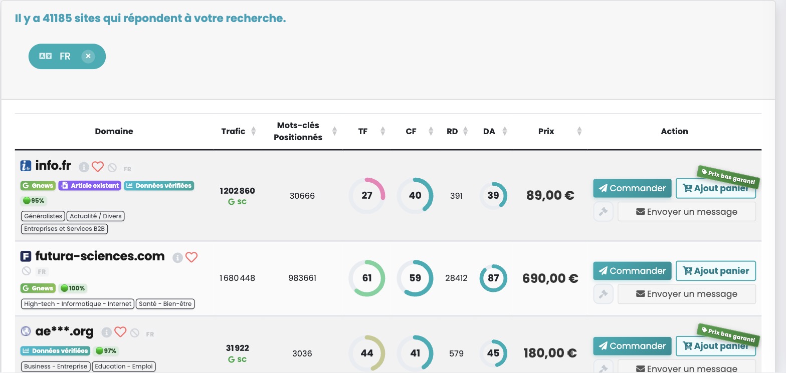 Linkavista's marketplace listing filtered on French-language sites (41,185 sites). Three listings (info.fr, futura-sciences.com, ae***.org) show their traffic, ranked keywords, Trust Flow, Citation Flow, referring domains and Domain Authority, a price, and labels such as Google News, existing article and verified data.