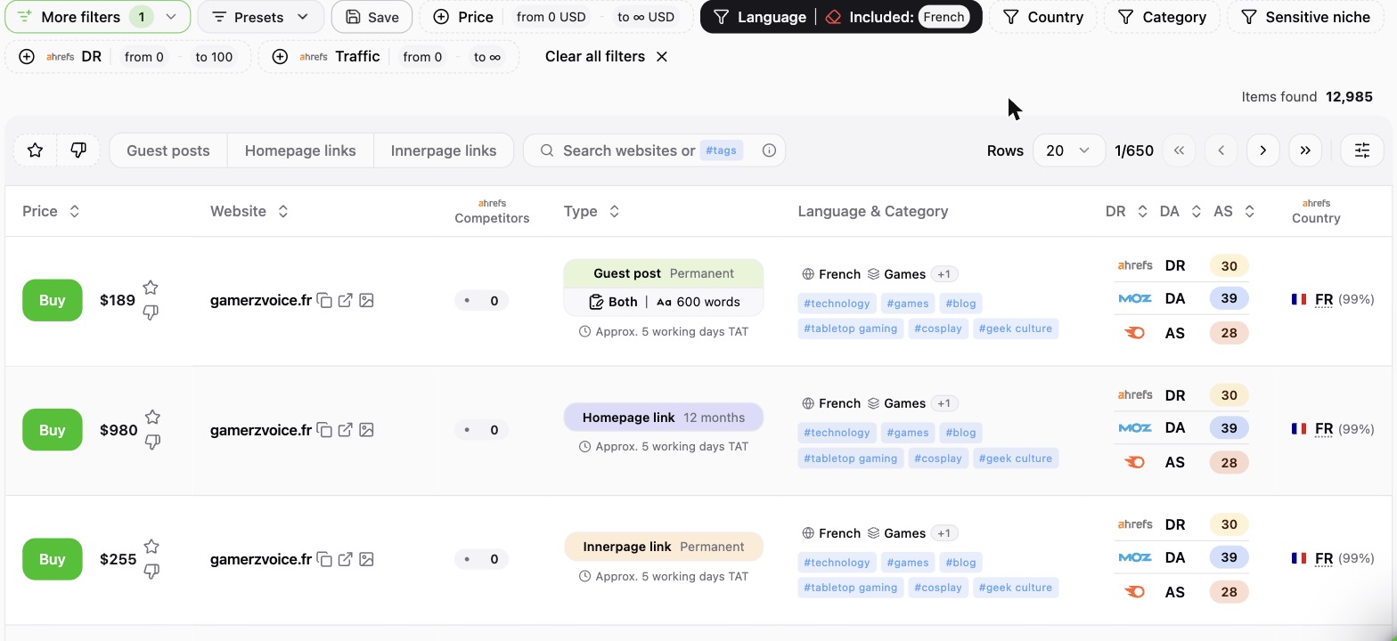 MeUp's internal catalogue filtered on French-language sites: 12,985 results, with Price, Language, Country, Category, DR and Traffic filters, and three offers for gamerzvoice.fr (guest post at $189, homepage link at $980, insertion at $255) with their DR, DA and AS metrics.
