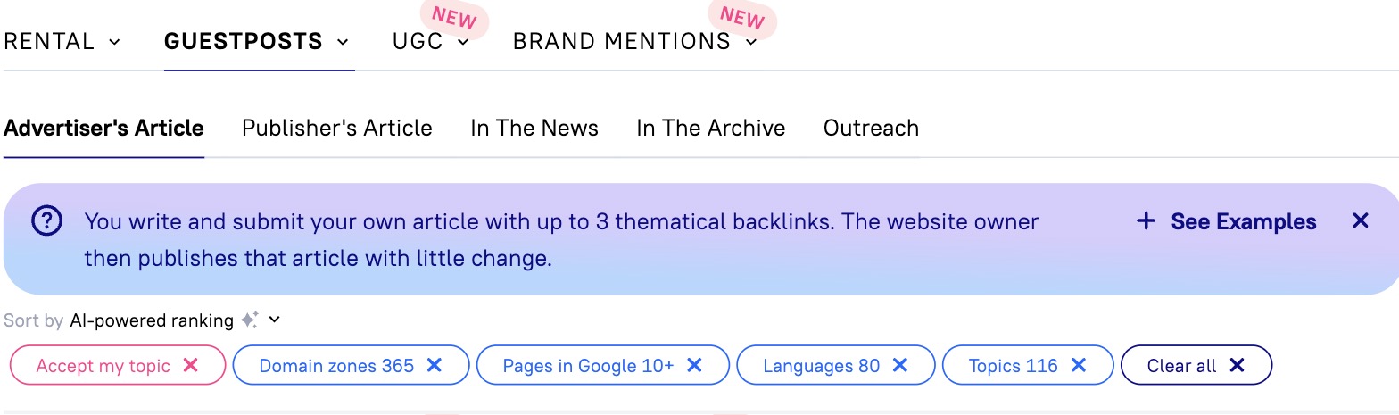 Serpzilla's catalogue product selector. Tabs separate rental links, guest posts (split into advertiser's article, publisher's article, In The News, In The Archive and outreach), UGC and brand mentions, above active filters: accepted topic, domain zones, pages in Google, languages and categories.